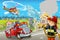 Cartoon scene with fireman car vehicle near burning building - illustration for children