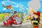 Cartoon scene with fireman car vehicle near burning building - illustration for children