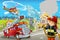 Cartoon scene with fireman car vehicle near burning building - illustration for children