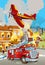 Cartoon scene with fireman car vehicle and plane near burning building