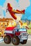 Cartoon scene with fireman car vehicle and plane near burning building