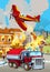 Cartoon scene with fireman car vehicle and plane near burning building