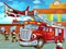 Cartoon scene with fireman car vehicle on the road near the fire station with firemen