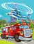 Cartoon scene with fireman vehicle on the road driving through the city - illustration