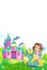 cartoon scene forest with pony horse and fairy princess flying castle isolated illustration for children