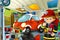 Cartoon scene with garage fireman mechanic working repearing some vehicle - fireman car - or cleaning work place