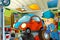 Cartoon scene with garage mechanic working repearing some vehicle - city car - or cleaning work place