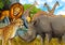 cartoon scene with giraffes rhinoceros rhino and cheetah on the meadow near some mountain safari illustration for children