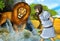 Cartoon scene with greek or roman warrior or philosopher fighting nemean lion