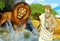 Cartoon scene with greek or roman warrior or philosopher fighting nemean lion