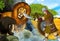 Cartoon scene with greek or roman warrior or philosopher fighting nemean lion