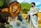 Cartoon scene with greek or roman warrior or philosopher fighting nemean lion