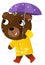 cartoon scene with happy bear boy on the trip with umbrella in the rain happy having fun in yellow raining coat illustration for