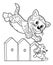 Cartoon scene with happy cat jumping over the wooden fence chasing mouse on white background - coloring page