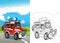 Cartoon scene with happy fireman off road car on the road with coloring page