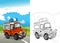 Cartoon scene with happy fireman off road car on the road with coloring page