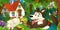 Cartoon scene with happy and funny sheep running jumping near farm house and wolf is looking in the forest