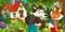 Cartoon scene with happy and funny sheep running jumping near farm house and wolf is looking at fox in the forest
