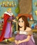 Cartoon scene with happy king in castle kitchen talking to beautiful young lady