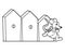 Cartoon scene with happy mouse running near wooden fence on white background - vector coloring page