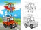 Cartoon scene with happy off road car on the road and plane helicopter with coloring page