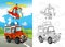 Cartoon scene with happy off road car on the road and plane helicopter with coloring page