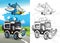 Cartoon scene with happy off road car on the road and plane helicopter with coloring page