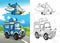 Cartoon scene with happy off road car on the road and plane police flying with coloring page