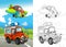 Cartoon scene with happy off road car on t0he road and plane flying with coloring page