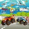 Cartoon scene with happy police monster truck - ships and planes in the background