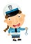 Cartoon scene with happy policeman on duty talking to radio on white background - illustration