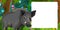 Cartoon scene with happy wild boar standing in the forest - with space for text