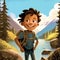 Cartoon scene with happy young hiker. Mountains landscape. Illustration for children\\\'s book. Generative AI