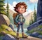Cartoon scene with happy young man hiking in the mountains illustration for children\\\'s book.