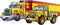 cartoon scene with heavy cargo truck and concrete mixer talking togehter being happy illustration for children