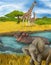 Cartoon scene with hippopotamus hippo in the river and elephant illustration for children