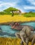 Cartoon scene with hippopotamus hippo in the river and elephant illustration for children