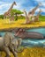 Cartoon scene with hippopotamus hippo in the river and elephant illustration for children