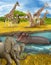 Cartoon scene with hippopotamus hippo in the river and elephant illustration for children