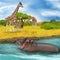 Cartoon scene with hippopotamus hippo swimming in river near the meadow and giraffes resting illustration for children