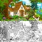 Cartoon scene with a hunter walking towards beautiful old house with his dog - with coloring page