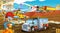 Cartoon scene with industry cars on construction site and flying helicopter - illustration