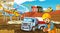 Cartoon scene with industry cars on construction site and flying helicopter and plane - illustration