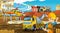 Cartoon scene with industry cars on construction site and flying helicopter and plane - illustration