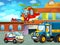 Cartoon scene with industry cars on construction site and flying helicopter and plane - illustration