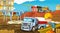 Cartoon scene with industry cars on construction site and flying helicopter and plane - illustration for children