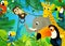 cartoon scene with jungle and animals being together with tucan bird illustration for children