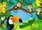 cartoon scene with jungle and animals being together with tucan bird illustration for children