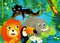 cartoon scene with jungle and animals being together with tucan bird illustration for children