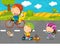 Cartoon scene with kids and parents are riding on a bicycles on the road